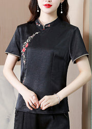Chinese Style Black Stand Collar Embroidered Silk Top Summer