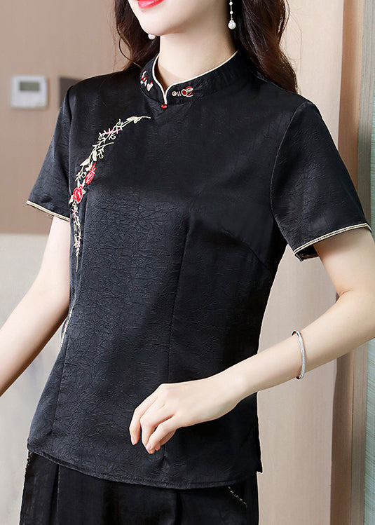 Chinese Style Black Stand Collar Embroidered Silk Top Summer