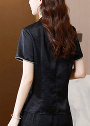 Chinese Style Black Stand Collar Embroidered Silk Top Summer