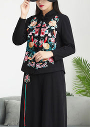 Chinese Style Black Stand Collar Embroidered Patchwork Cotton Top Fall