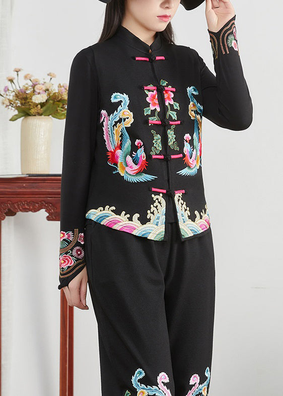 Chinese Style Black Stand Collar Embroideried Patchwork Cotton Waistcoat Sleeveless