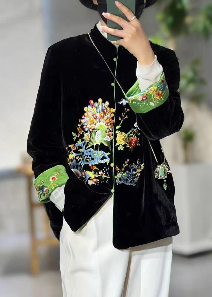 Chinese Style Black Stand Collar Embroidered Patchwork Velour Coats Fall