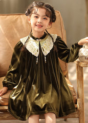 Chinese Style Black Stand Collar Embroideried Silk Velour Girls Mid Dresses Spring