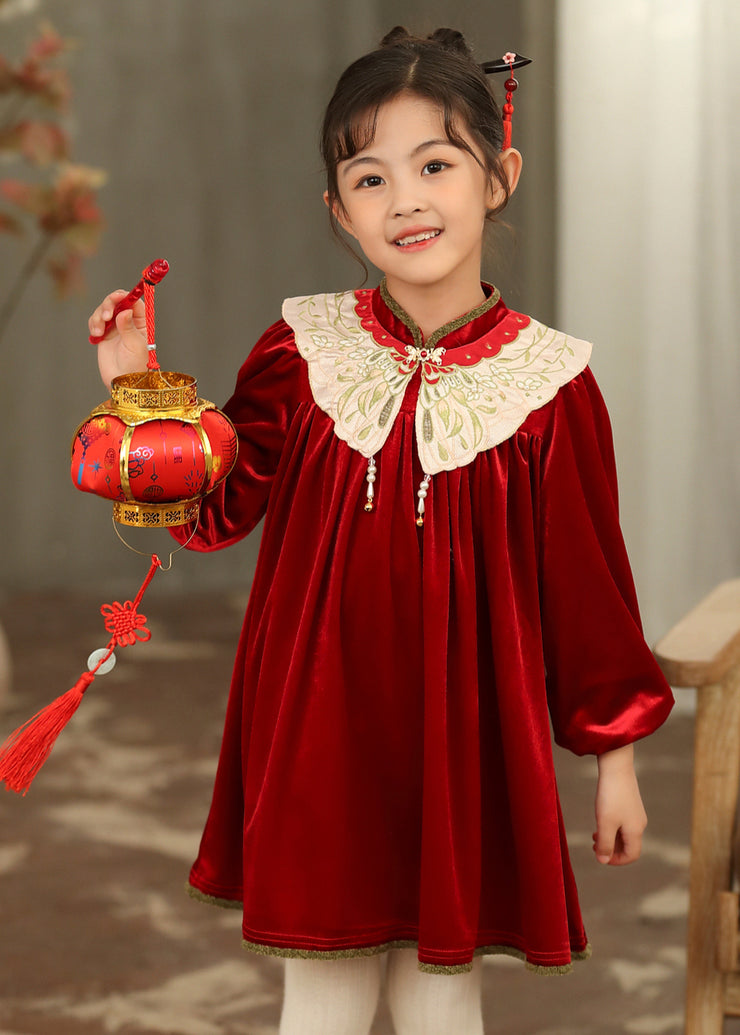 Chinese Style Black Stand Collar Embroideried Silk Velour Girls Mid Dresses Spring