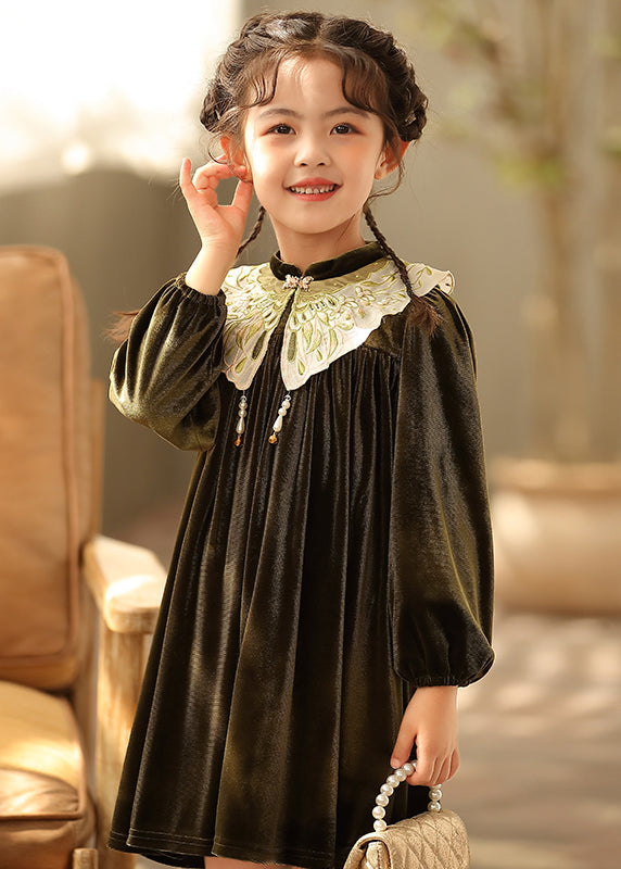 Chinese Style Black Stand Collar Embroideried Silk Velour Girls Mid Dresses Spring