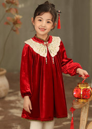 Chinese Style Black Stand Collar Embroideried Silk Velour Girls Mid Dresses Spring