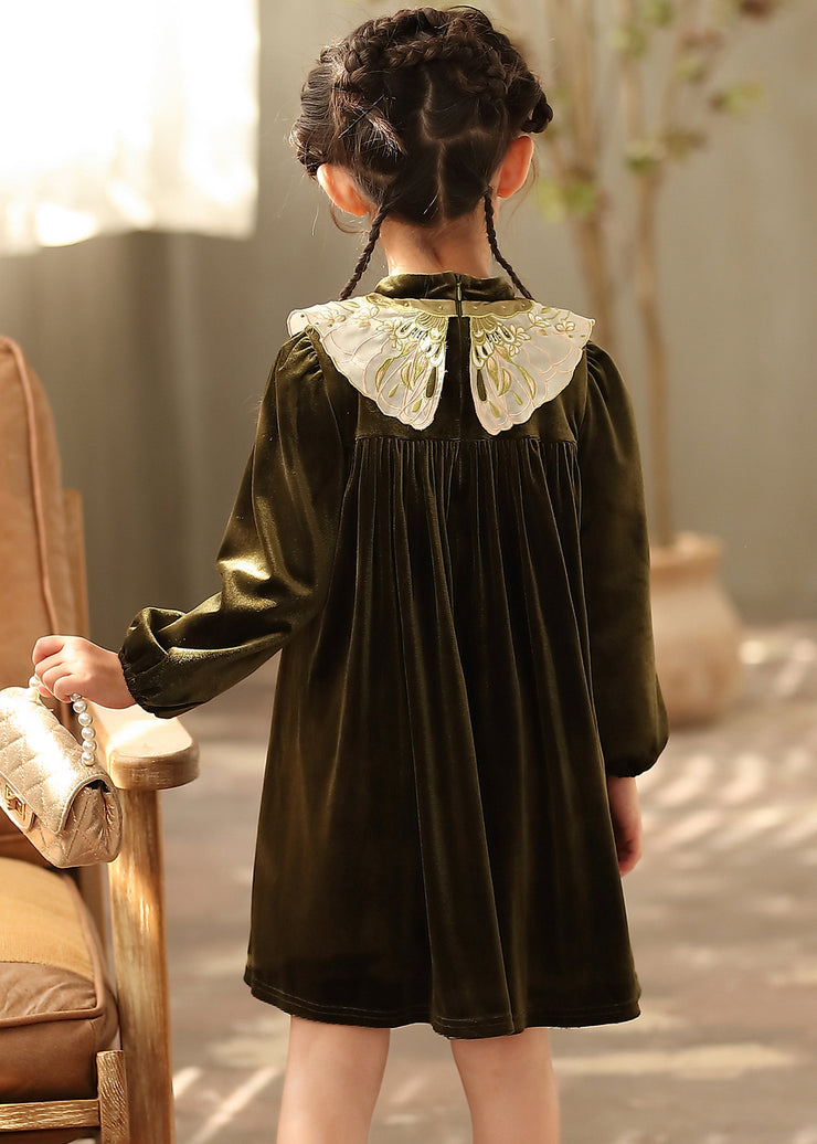 Chinese Style Black Stand Collar Embroideried Silk Velour Girls Mid Dresses Spring