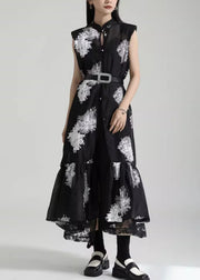 Chinese Style Black Stand Collar Embroidered Tulle Dresses Sleeveless