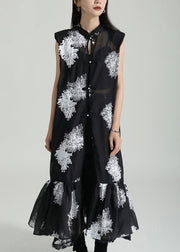 Chinese Style Black Stand Collar Embroidered Tulle Dresses Sleeveless