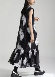 Chinese Style Black Stand Collar Embroidered Tulle Dresses Sleeveless