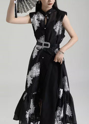 Chinese Style Black Stand Collar Embroidered Tulle Dresses Sleeveless