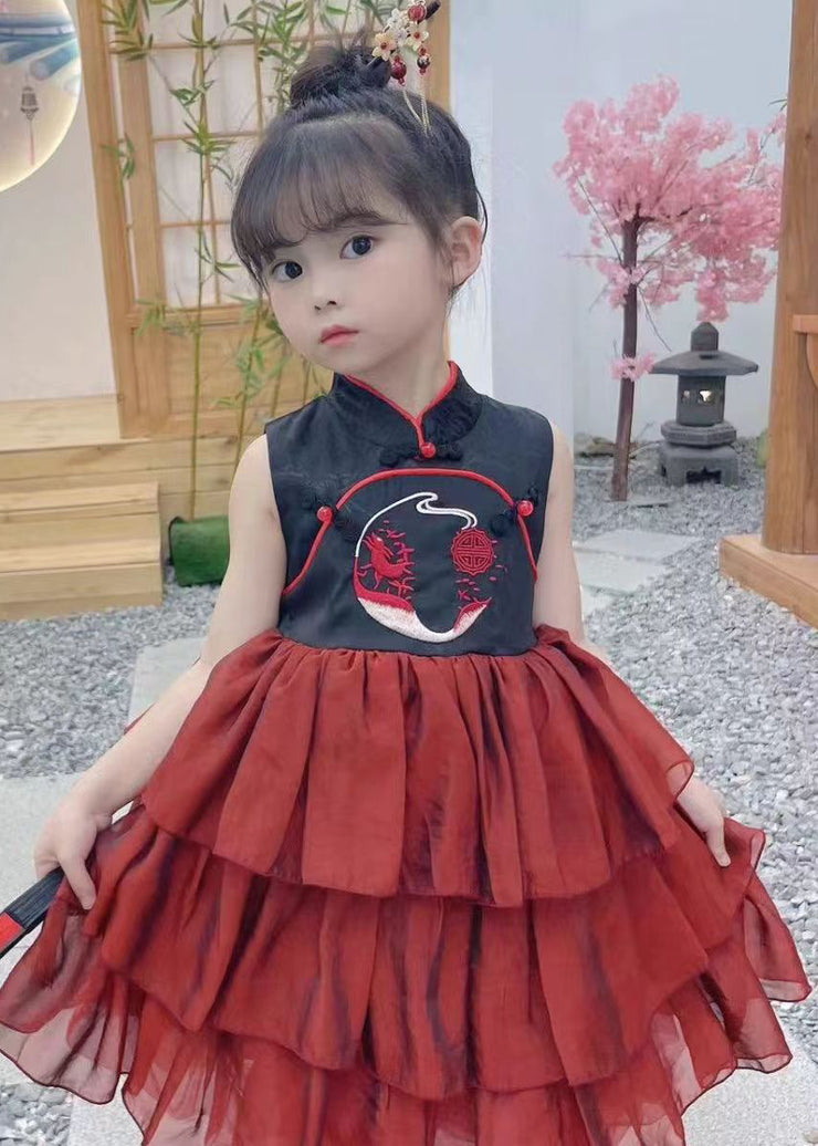 Chinese Style Black Stand Collar Embroideried Tulle Patchwork Kids Maxi Dress Summer