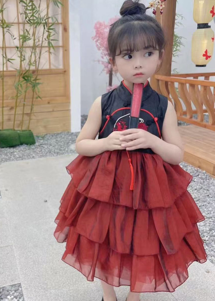 Chinese Style Black Stand Collar Embroideried Tulle Patchwork Kids Maxi Dress Summer