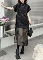 Chinese Style Black Stand Collar Lace Up Patchwork Tulle Dress Summer