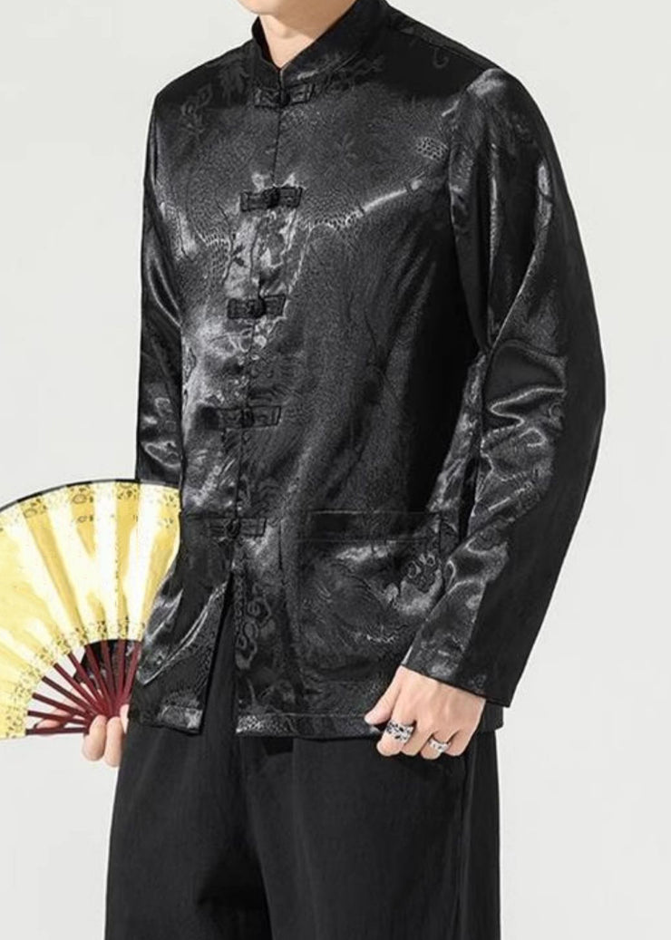 Chinese Style Black Stand Collar Print Button Silk Men Coats Long Sleeve