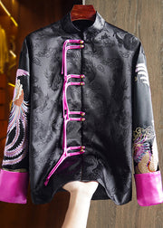 Chinese Style Black Stand Collar Tasseled Embroidered Silk Coat Fall