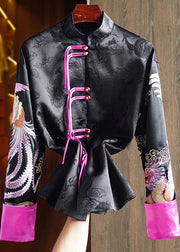 Chinese Style Black Stand Collar Tasseled Embroidered Silk Coat Fall