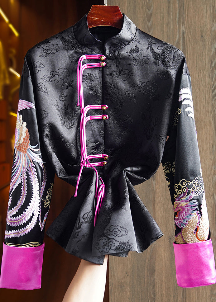 Chinese Style Black Stand Collar Tasseled Embroidered Silk Coat Fall