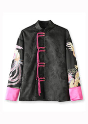 Chinese Style Black Stand Collar Tasseled Embroidered Silk Coat Fall