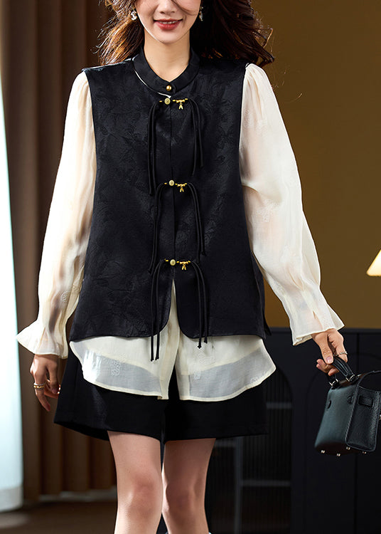 Chinese Style Black Stand Collar Tasseled Jacquard Silk Vest Sleeveless