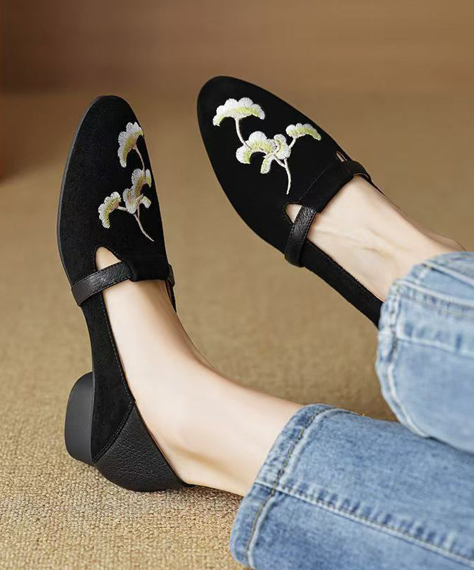 Chinese Style Black Suede Embroidered Chunky Loafer Shoes