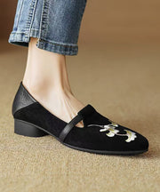 Chinese Style Black Suede Embroidered Chunky Loafer Shoes