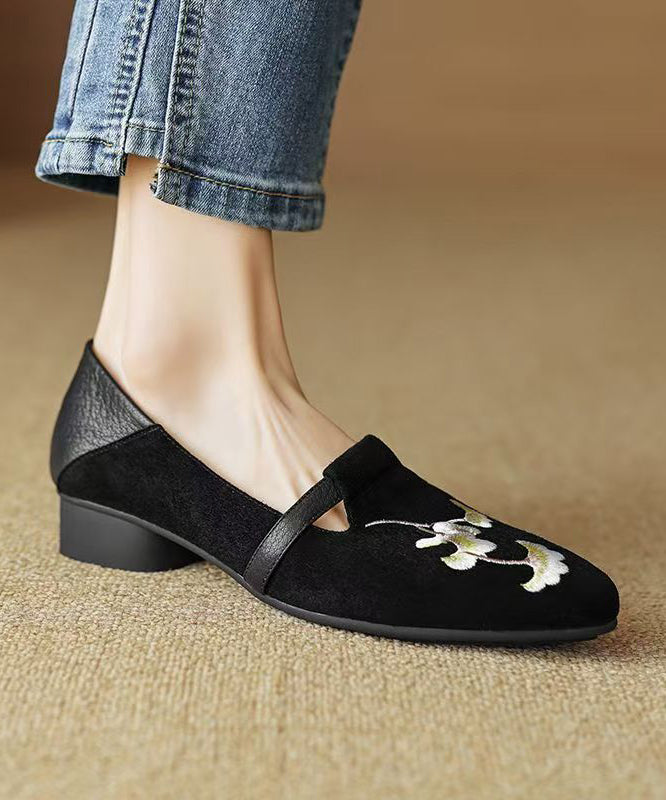 Chinese Style Black Suede Embroidered Chunky Loafer Shoes