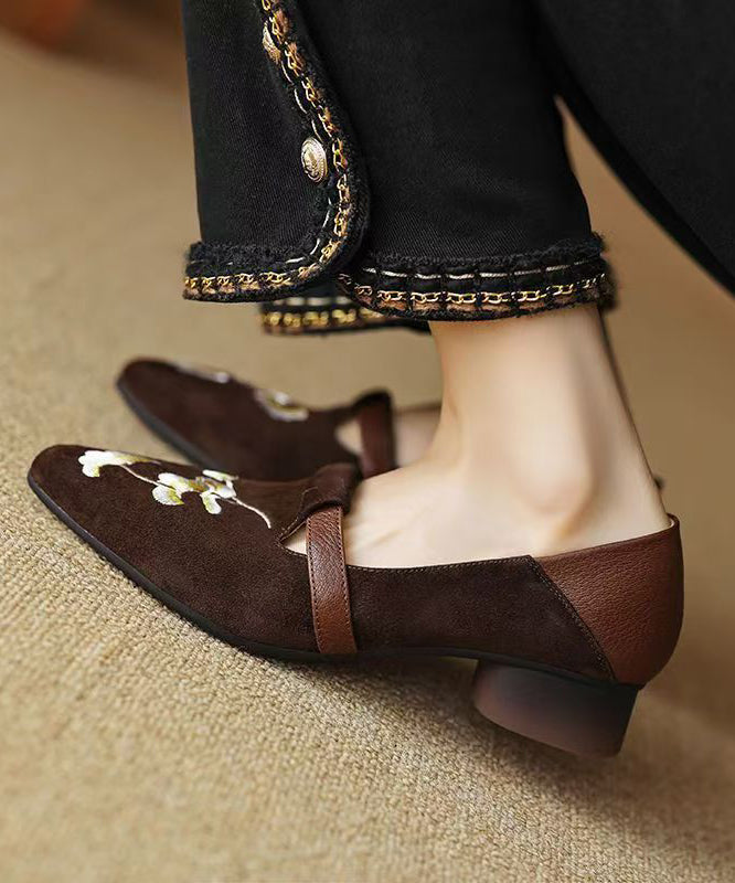 Chinese Style Black Suede Embroidered Chunky Loafer Shoes