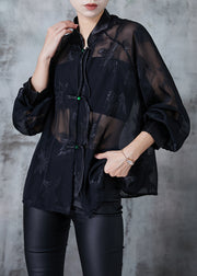 Chinese Style Black Tasseled Jacquard Chiffon Blouse Tops Summer