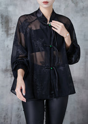 Chinese Style Black Tasseled Jacquard Chiffon Blouse Tops Summer