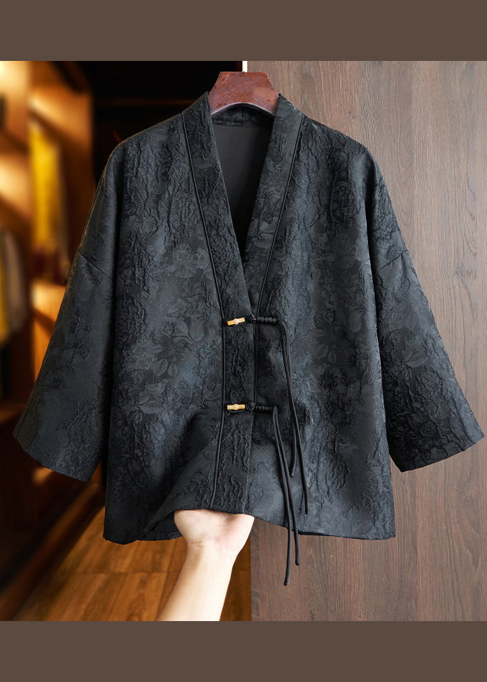 Chinese Style Black Tasseled Jacquard Patchwork Cotton Coats Fall