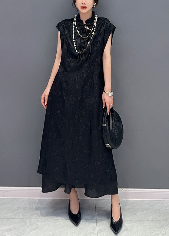 Chinese Style Black Tasseled Jacquard Patchwork Silk Dress Summer