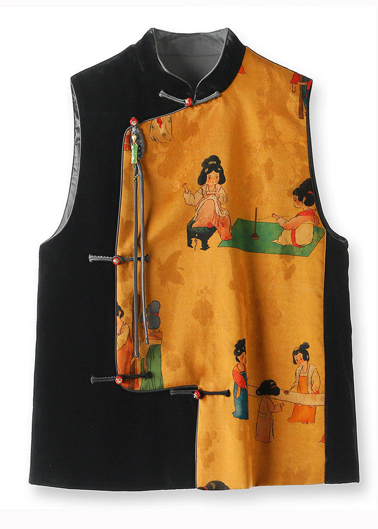 Chinese Style Black Tasseled Print Patchwork Silk Velour Vest Sleeveless