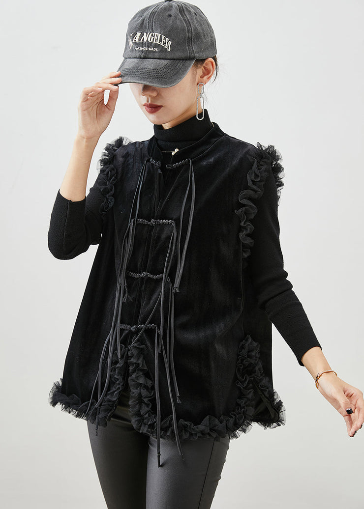 Chinese Style Black Tasseled Ruffled Silk Velour Vest Fall