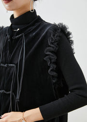 Chinese Style Black Tasseled Ruffled Silk Velour Vest Fall