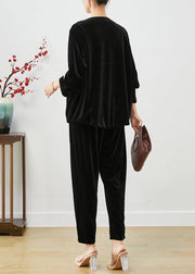 Chinese Style Black Thick Patchwork Warm Silk Velour Two Piece Suit Set Fall