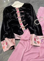 Chinese Style Black Tops And Pink Pants Silk Velour Two Pieces Set Fall