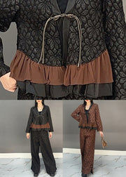 Chinese Style Black V Neck Button Top And Wide Leg Pants Two Pieces Set Spring