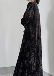 Chinese Style Black V Neck Jacquard Silk Velvet Cardigan Spring