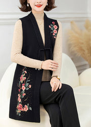 Chinese Style Black V Neck Patchwork Wool Knit Waistcoat Spring