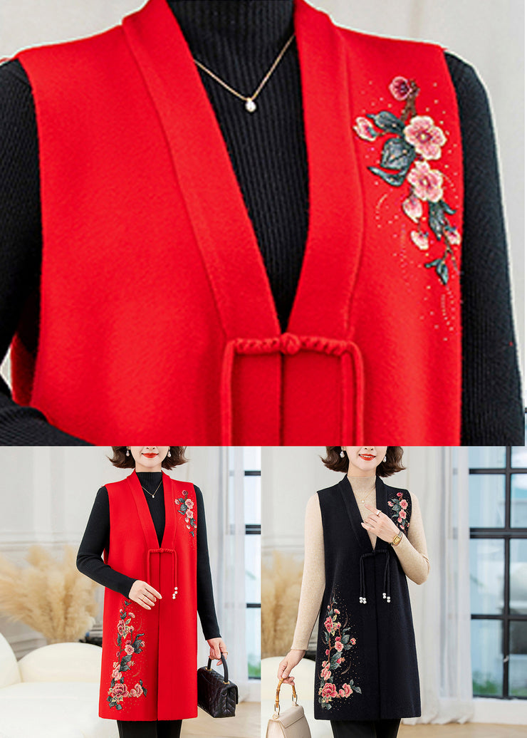 Chinese Style Black V Neck Patchwork Wool Knit Waistcoat Spring