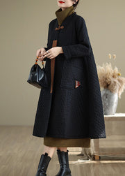 Chinese Style Black V Neck Pockets Fine Cotton Filled Winter Coats