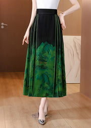 Chinese Style Blackish Green Wrinkled Print Silk Skirts Spring