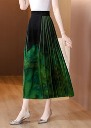 Chinese Style Blackish Green Wrinkled Print Silk Skirts Spring