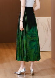 Chinese Style Blackish Green Wrinkled Print Silk Skirts Spring