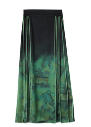 Chinese Style Blackish Green Wrinkled Print Silk Skirts Spring