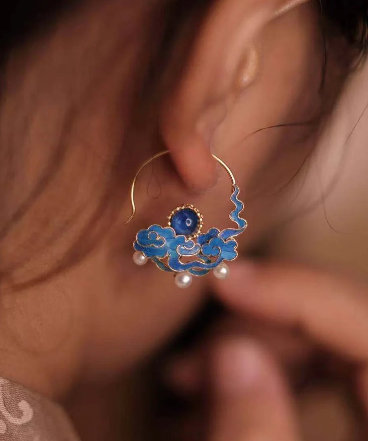 Chinese Style Blue Alloy Gem Stone Pearl Auspicious Clouds Hoop Earrings