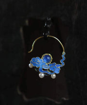 Chinese Style Blue Alloy Gem Stone Pearl Auspicious Clouds Hoop Earrings