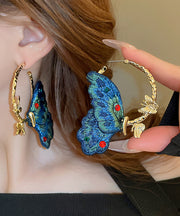 Chinese Style Blue Alloy Inlaid Cloth Embroidery Zircon Butterfly Hoop Earrings