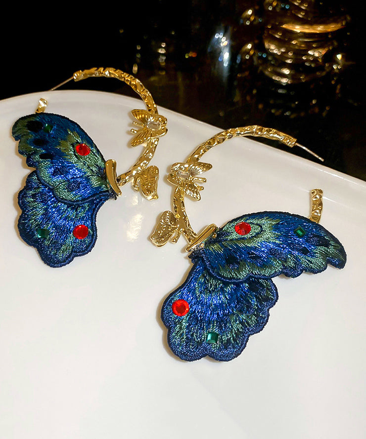 Chinese Style Blue Alloy Inlaid Cloth Embroidery Zircon Butterfly Hoop Earrings